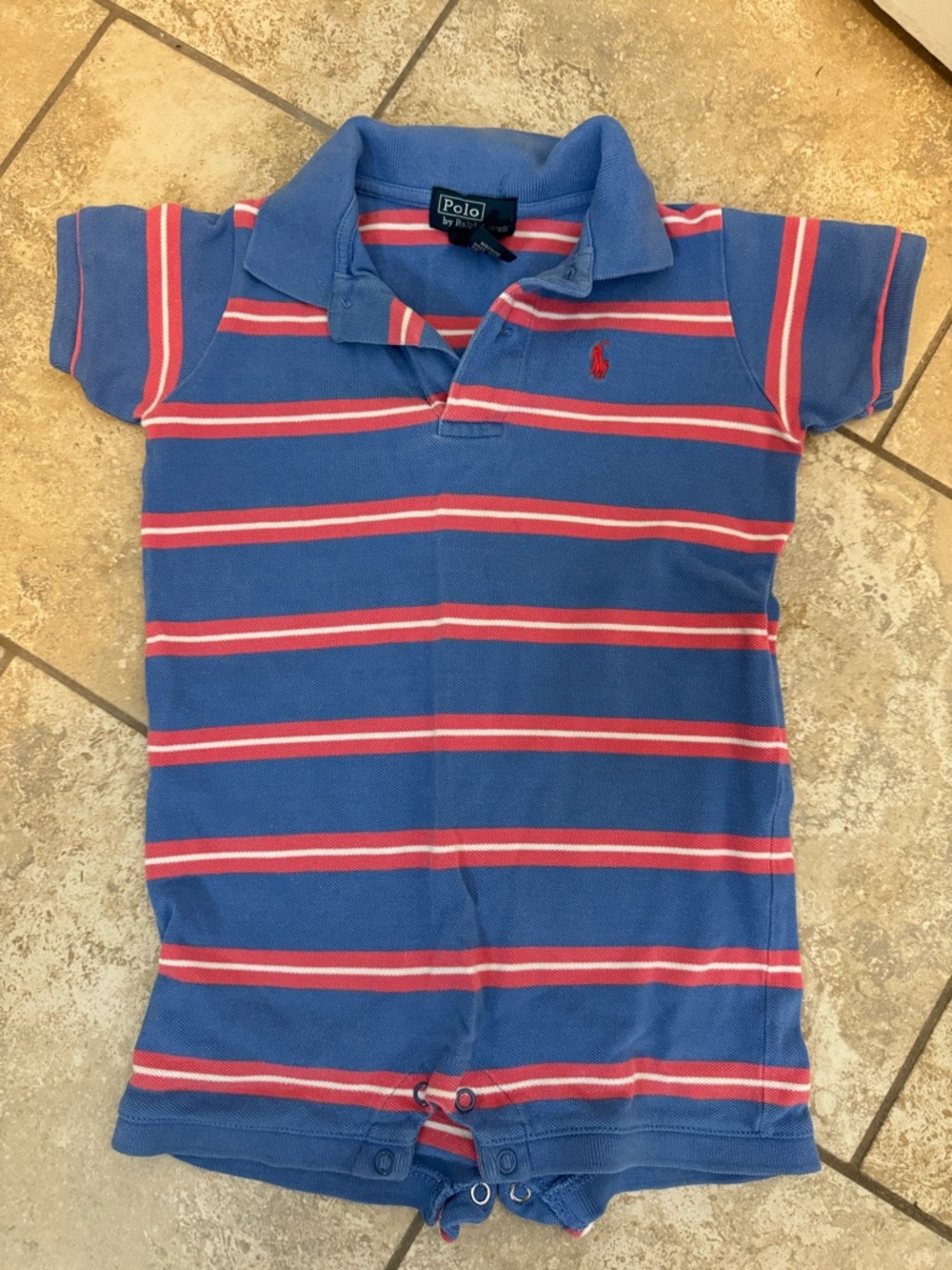 Polo by Ralph Lauren Blue with Red & White Stripe Kids Polo Romper